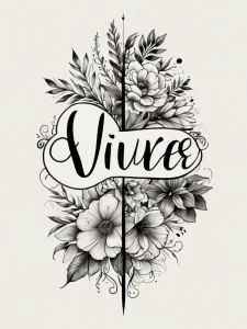 Фото тату с надписью "Vivre" (жить) в красивом шрифте, окруженной цветами и листьями. Черно-белый рисунок с изящными линиями.