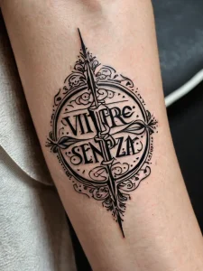Фото тату с надписью "Vivere Senza Paura" (жить без страха) в круге, украшенном орнаментом. Черно-белый рисунок с четкими линиями.