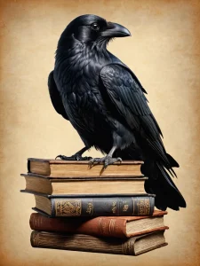 Татуировка ворона, сидящего на стопке старинных книг и свитка, символизирующая мудрость и знания, на фоне библиотеки, фотореалистичный дизайн