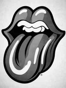 Фото тату, изображающее знаменитый язык и губы группы Rolling Stones. Черно-белый рисунок с четкими контурами и узнаваемым дизайном.