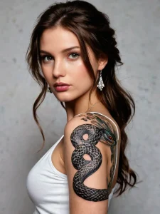 Фотореалистичное изображение змеи-искусительницы как татуировки, символизирующей предательство, женскую силу и личную интерпретацию значения.