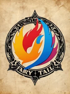 Фото тату с изображением логотипа Fairy Tail – огненного символа, состоящего из трех языков пламени разных цветов. Эскиз татуировки выполнен в яркой цветовой гамме.