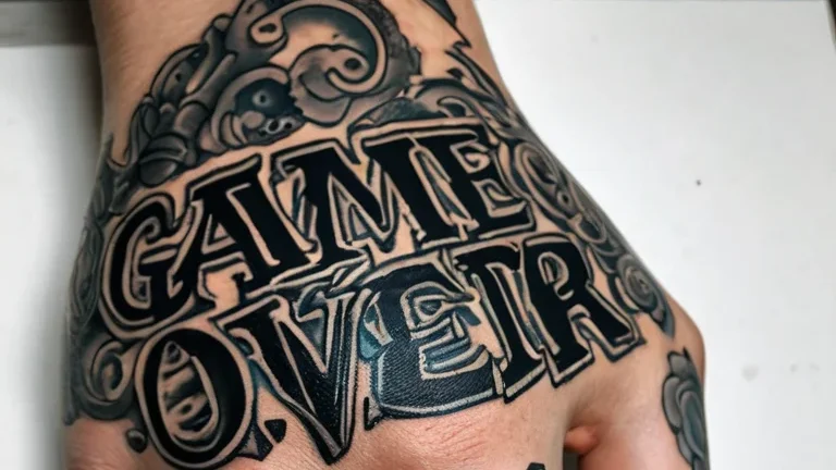 Фотореалистичный крупный план татуировки 'Game Over' на коже, показывающий детализацию и мастерство, с фокусом на символизм фразы в тату-искусстве.