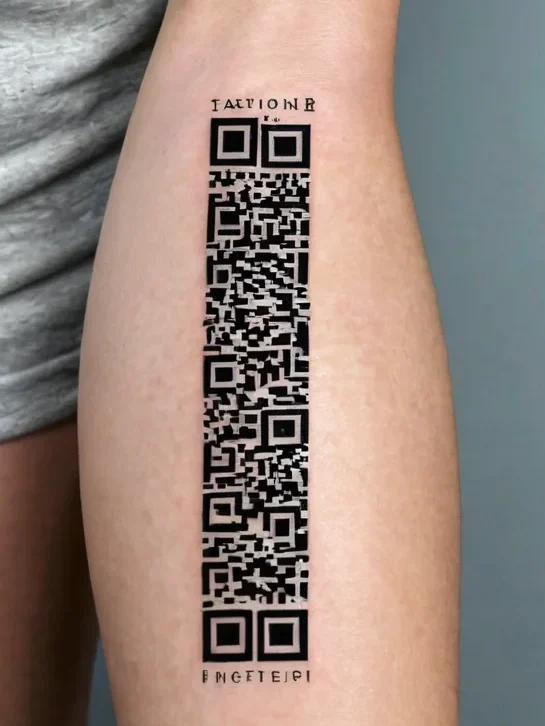 Татуировка QR-кода, интегрированная в символ бесконечности и личное послание, выполненная в минималистичном стиле с элементами ДНК, символизирующая глубокую связь.