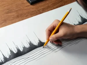 Фотография эскиза татуировки, изображающего лес и горы, выполненного карандашом. Рисунок выглядит детализированным и реалистичным.