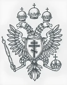 Эскиз татуировки двуглавого орла с православным крестом на щите. Черно-белый рисунок с четкими линиями.