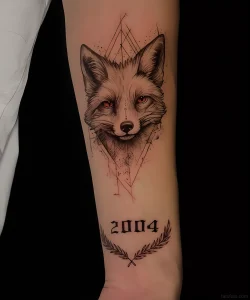 Фото тату лисы на предплечье, выполненное в стиле dotwork с использованием геометрических фигур и точечной техники.