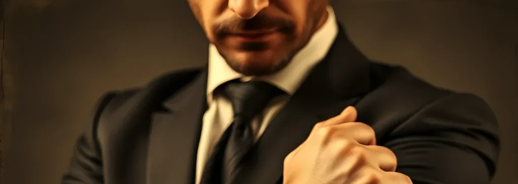 رجل يرتدي بدلة رسمية يعرض وشمًا صغيرًا على شكل نجمة سوداء بحدود بيضاء على الجانب الداخلي لمعصمه.