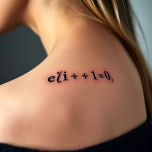 Черно-белая татуировка на плече с изображением формулы Эйлера e^(iπ) + 1 = 0