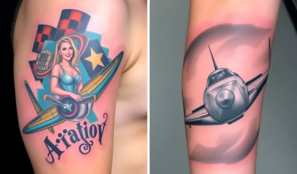 Collage de deux tatouages : une fille pin-up avec un avion dans le style old school et une représentation réaliste d'un chasseur sur l'épaule.