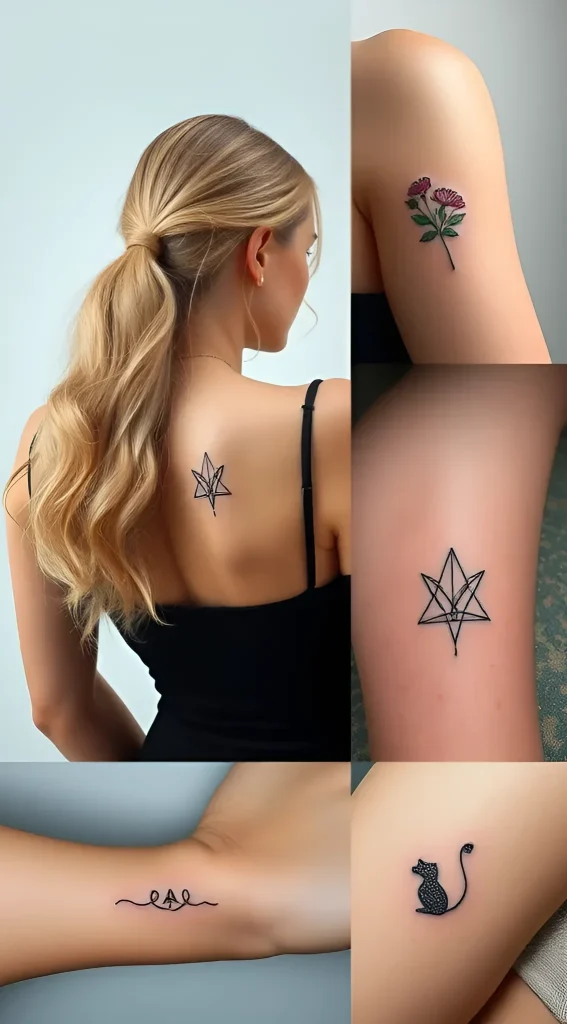 Photos de tatouages sur le dos et le bras d'une blonde : colibri, étoile à huit branches, roses et chat dans un style minimaliste.