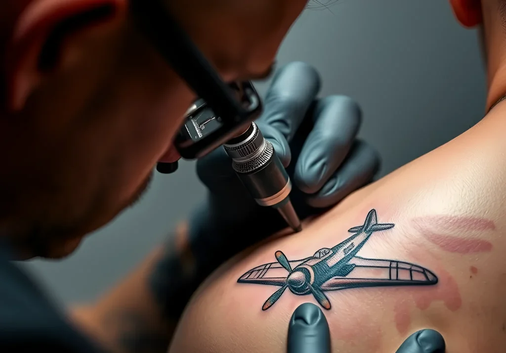 Tatouage noir et blanc d'un chasseur vintage sur l'épaule, processus de tatouage avec une machine.