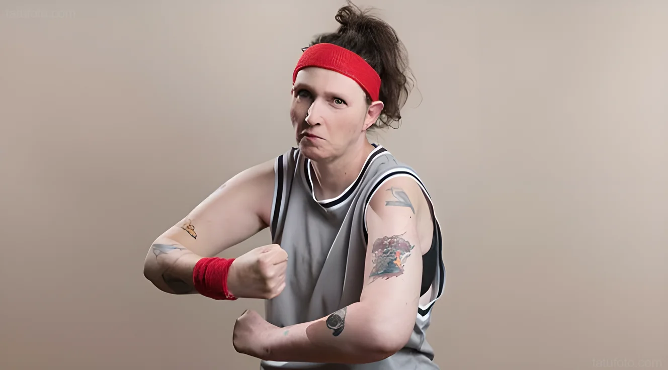Louise Riisik, участница Tattoo Show, демонстрирует татуировки на руках во время представления.
