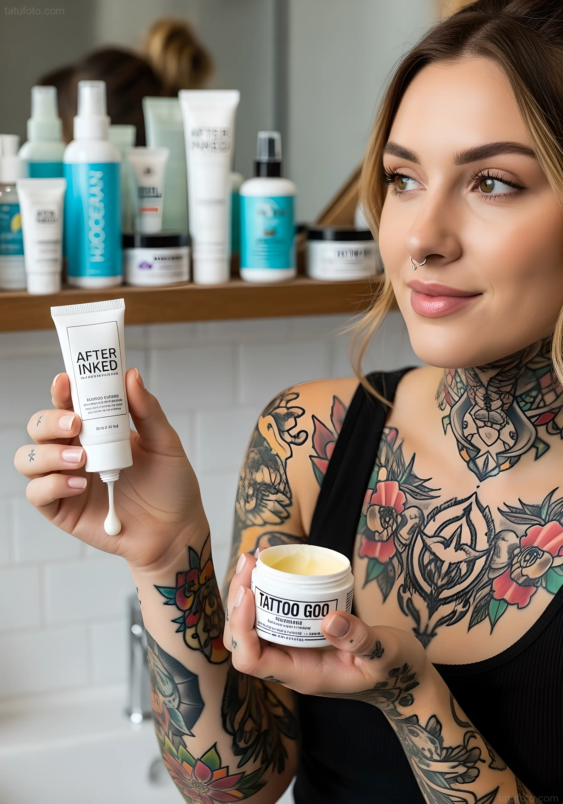 Женщина демонстрирует средства по уходу за татуировками, включая After Inked и Tattoo Goo, на фоне традиционных татуировок на руке.