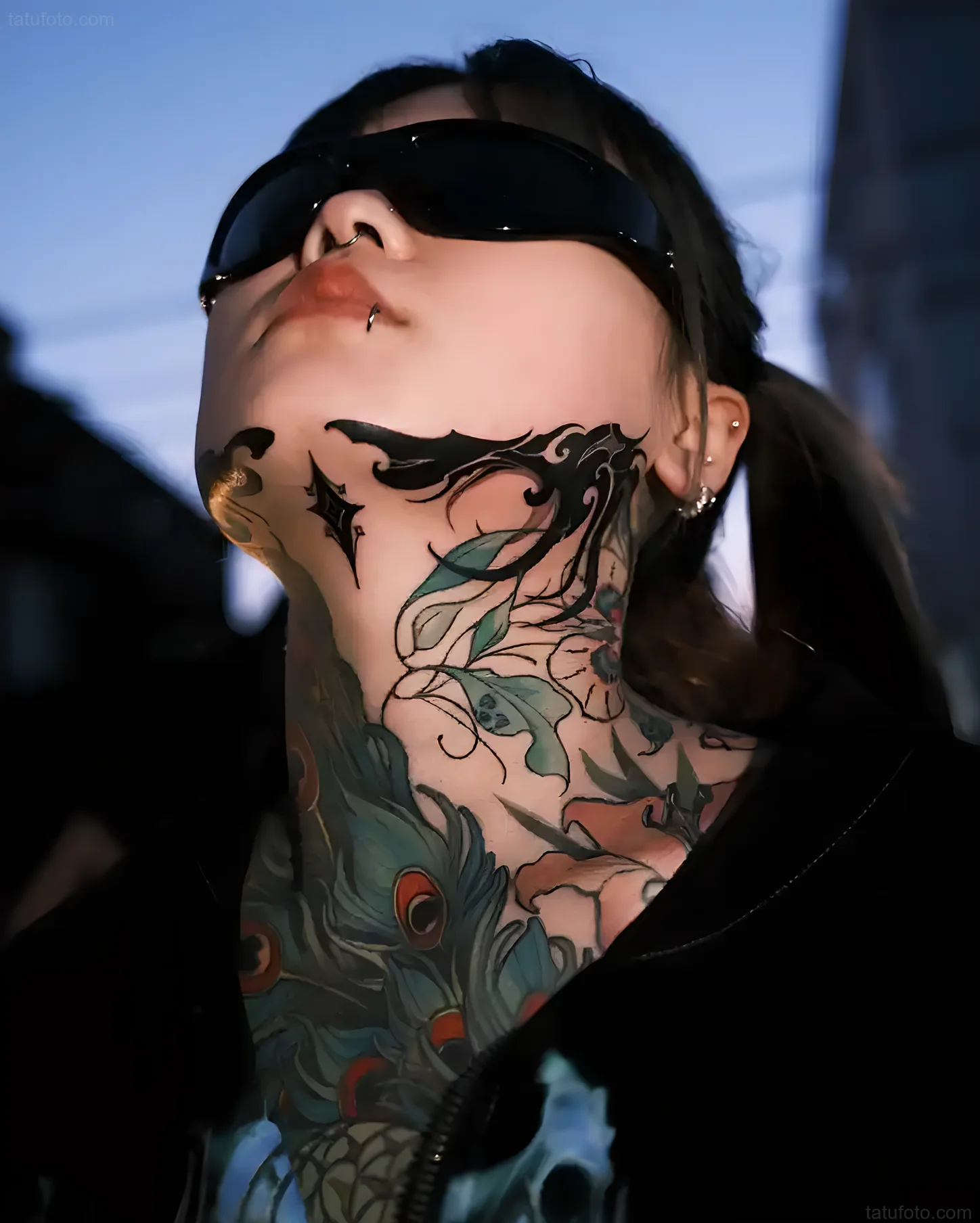 Woman with elaborate neck tattoo looking upwards, South Korea
