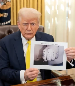 Дональд Трамп держит фотографию татуированных костяшек пальцев, предположительно принадлежащих Килмару Абрего Гарсии.