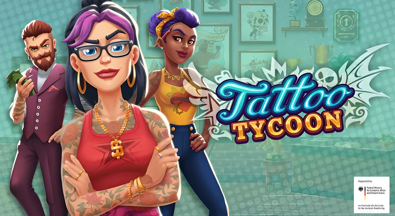 Промо-арт игры Tattoo Tycoon с тремя стилизованными персонажами, включая женщину с татуировками на руках и шее, на фоне логотипа игры.