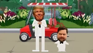 Кадр из South Park с изображением JD Vance и Дональда Трампа в стилизованном виде