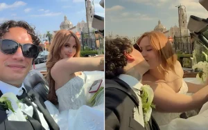 Catherine Paiz и Igor Ten в свадебный день, едут в кабриолете