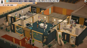 Скриншот из игры Tattoo Tycoon, демонстрирующий оживлённый интерьер тату-салона с клиентами и мастерами.