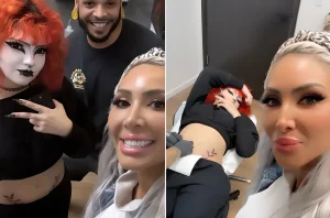 Farrah Abraham и её дочь Sophia в тату-салоне, одна из фотографий показывает процесс нанесения новой татуировки на живот Софии.