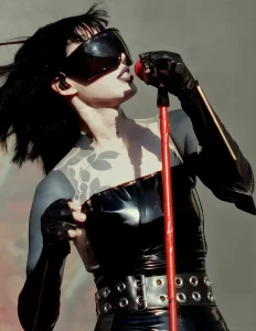 Кэт фон Ди в футуристичном наряде с заметными татуировками и микрофоном.