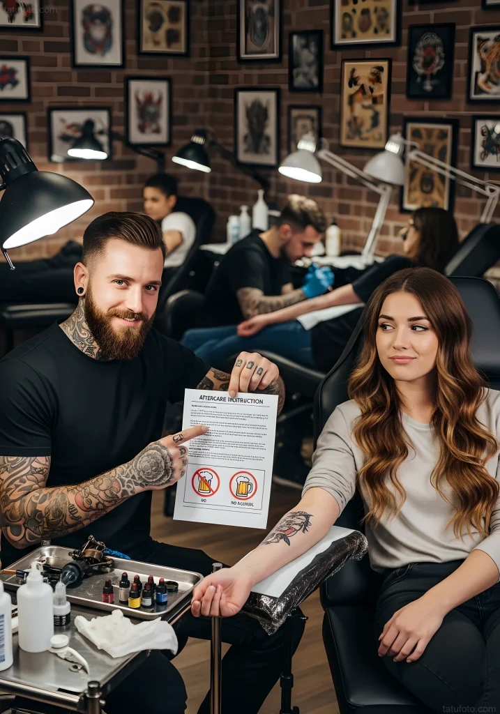 Tattoo-Künstler erklärt einer Kundin die Nachsorgeanweisungen, einschließlich des Alkoholverbots, vor dem Hintergrund eines Tattoo-Studios.