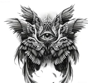 Черно-белая татуировка серафима с множеством глаз и крыльев, выполненная в графическом стиле.