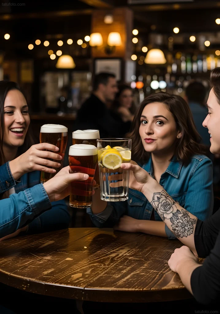 Eine Frau mit einer neuen Tätowierung am Unterarm stößt mit Freunden in einer Bar mit Bierkrügen an.