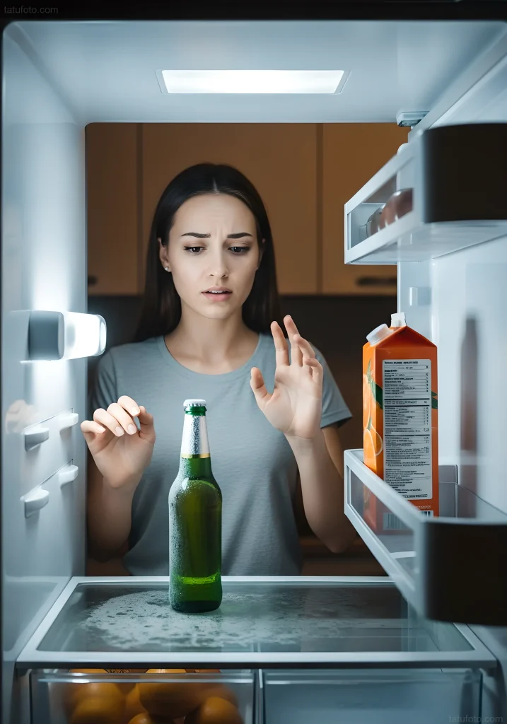 Eine Frau, die besorgt in eine Bierflasche im Kühlschrank blickt, nachdem sie sich tätowieren ließ, was das Dilemma zwischen Verlangen und der Notwendigkeit, Pflegeanweisungen zu befolgen, symbolisiert.