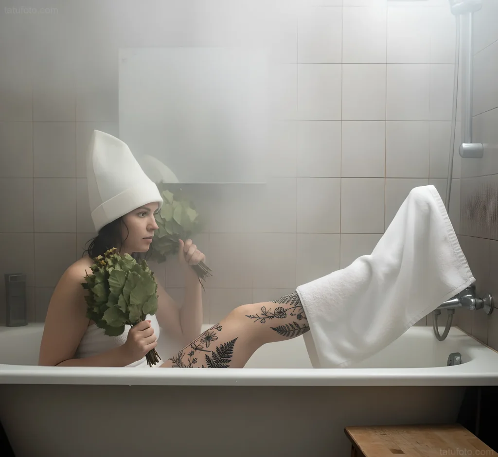 Frau mit einer Tätowierung am Bein in der Badewanne, die einen Saunabesen hält, Illustration zum Artikel über die Heilungszeiten von Tattoos und den Saunabesuch.