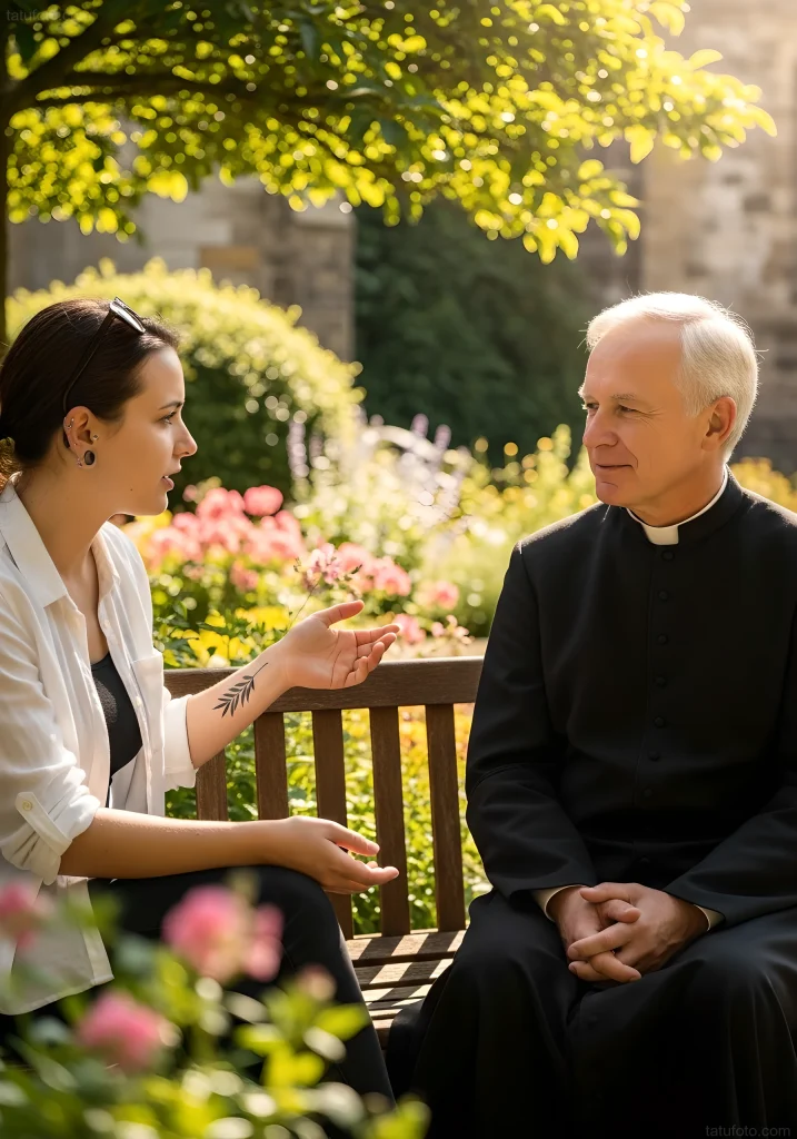 Une femme avec un tatouage de branche d'olivier discute avec un prêtre dans un jardin, abordant la question de la possibilité des tatouages dans l'orthodoxie.