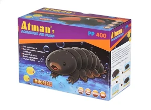 Упаковка компрессора для аквариума Atman PP-400 с изображением аксолотля и надписью 'IMMORTAL!'
