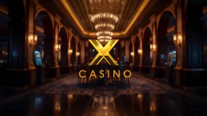 Интерьер виртуального казино On X Casino с логотипом в центре, создающий атмосферу роскоши и эксклюзивности