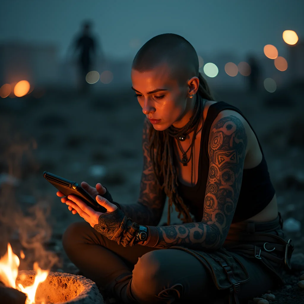 Девушка с татуировками на руке, сосредоточенно играющая на смартфоне у костра, символизируя азарт и свободу выбора в On X Casino