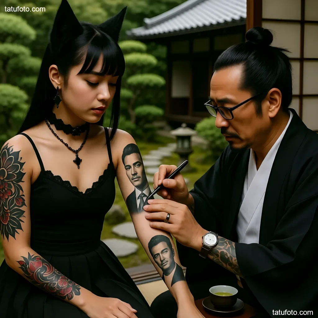 一位纹身师在日式花园中为客户的手臂纹上肖像纹身，展示了过程的复杂性和精细性