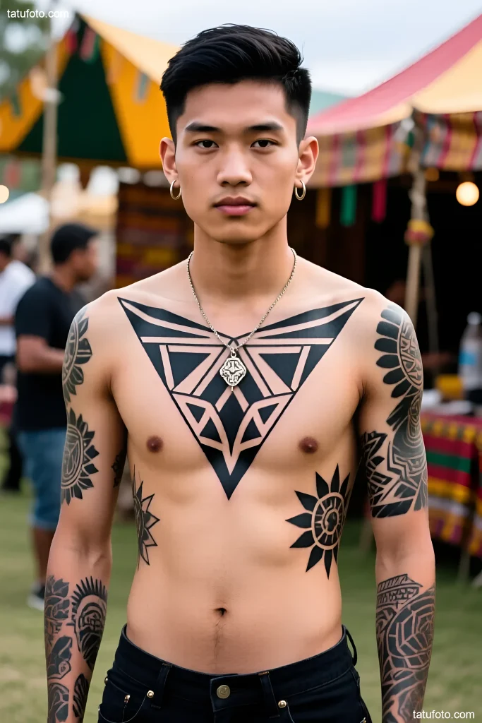 一位深色头发的年轻男子展示着覆盖胸部、肩膀和手臂的复杂黑色纹身。照片摄于纹身展