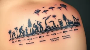 Черно-белая татуировка на плече, изображающая временную шкалу экологических бедствий с 1904 по 2075 год, символизирующая ухудшение состояния окружающей среды.