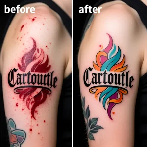 Яркая цветная татуировка Картуш на плече с именем 'Cartouttle', выполненная в технике нео-традишнл, до и после заживления.