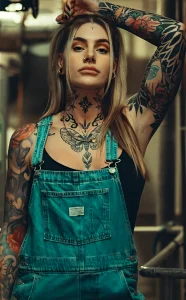 Aline mc.lovin.ink в комбинезоне, демонстрирующая татуировки на руках и груди