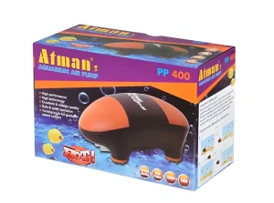 Упаковка аквариумного компрессора Atman PP 400 на белом фоне