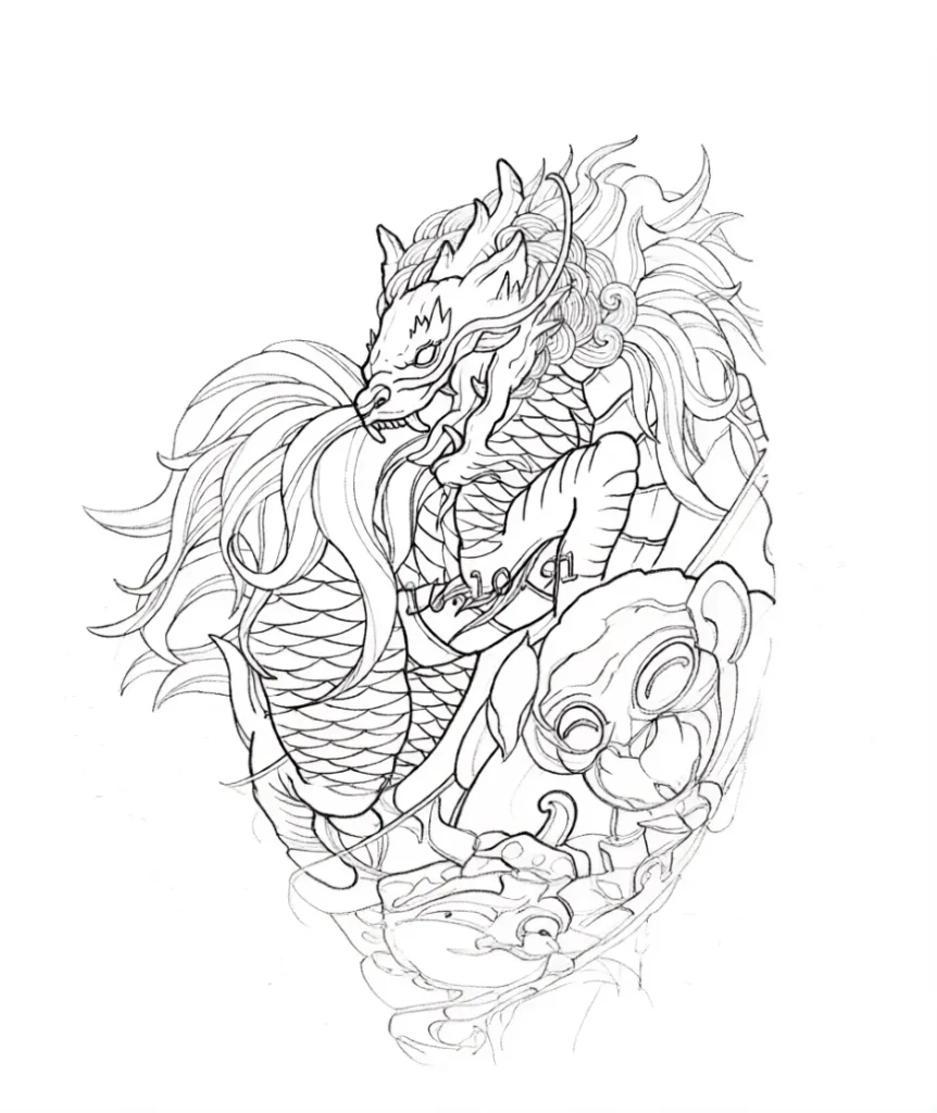 Black and white sketch of a dragon tattoo on the shoulder blade, done in Japanese style with an emphasis on the detail of scales and mane.