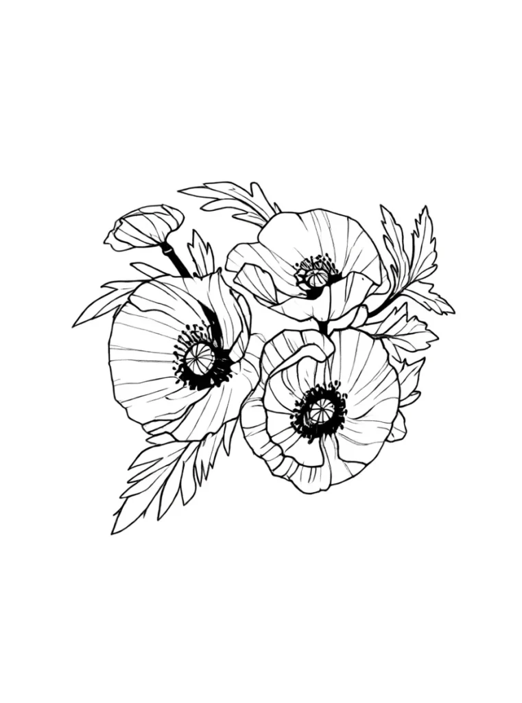 Black and white sketch of a poppy tattoo, ideal for placement on the shoulder blade.
