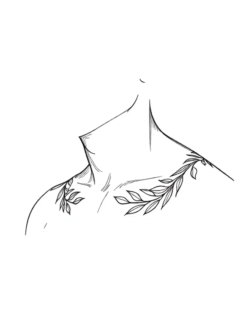 Black and white collarbone tattoo: a thin branch with leaves wraps around the bone, complemented by an elegant crescent moon