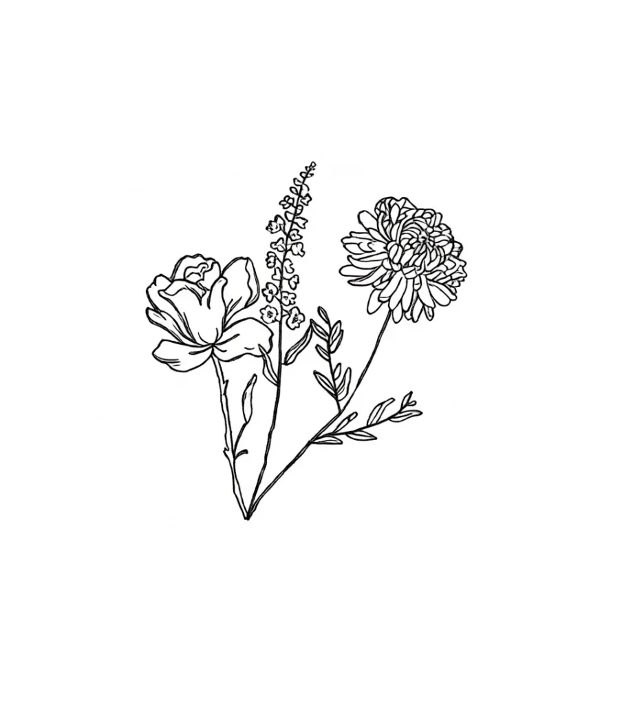 Black and white sketch of a tattoo on the shoulder blade: peonies, baby's breath, and chrysanthemums, done in linear graphic technique.