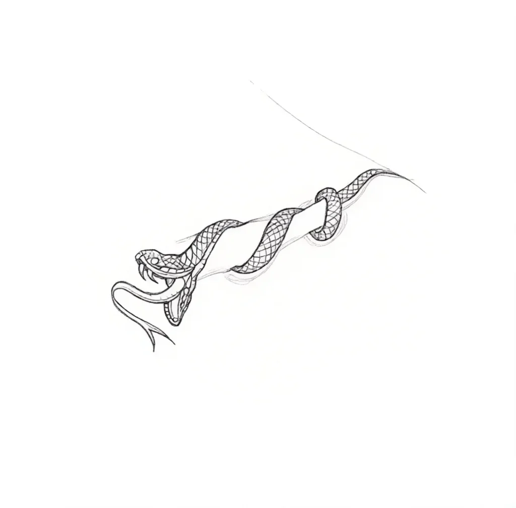 Black and white sketch of a snake tattoo coiling around the collarbone, with detailed scales and head rendering.