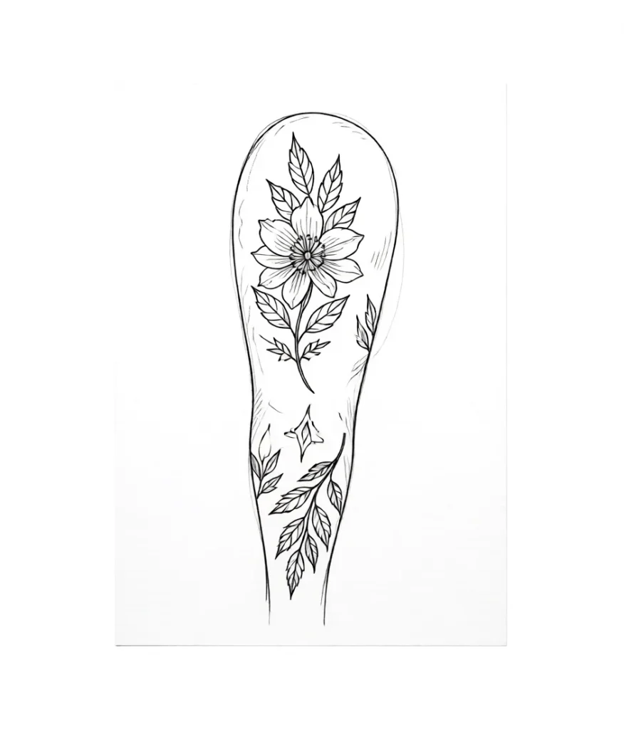 Black and white sketch of a flower tattoo with leaves, placed vertically, perfect for placement on or along the collarbone.