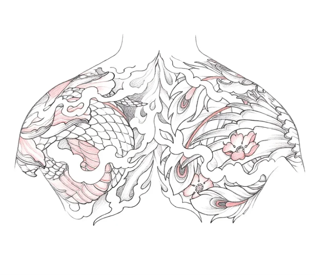 Black and white sketch of a tattoo on the shoulder blade: human ribs entwined with sakura branches with delicate pink flowers.