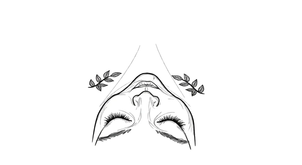 Black and white sketch of a collarbone tattoo: a female profile with closed eyes and olive branches on the sides