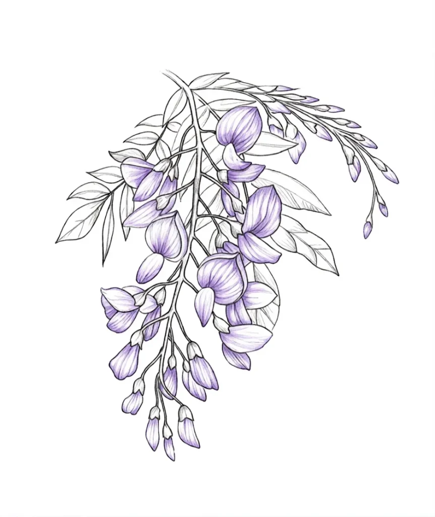 Black and white sketch of a wisteria tattoo on the shoulder blade with an emphasis on delicate lilac flowers.